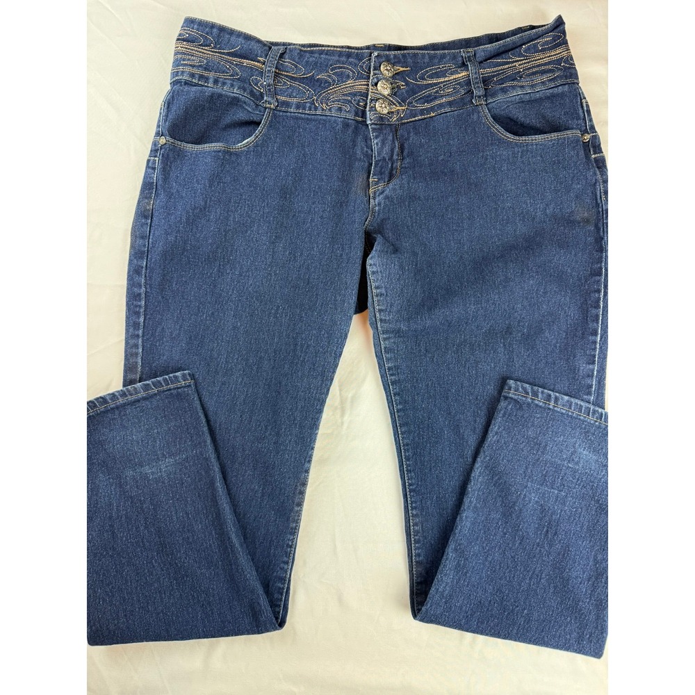 Unbranded‎ Vintage Style Dark Wash Embroidered Waist Straight Leg Jeans Womens